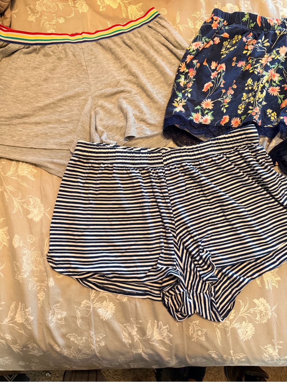 Cacique Striped and Floral Mixed Lounge Short Set - Navy, Gray, Multicolor